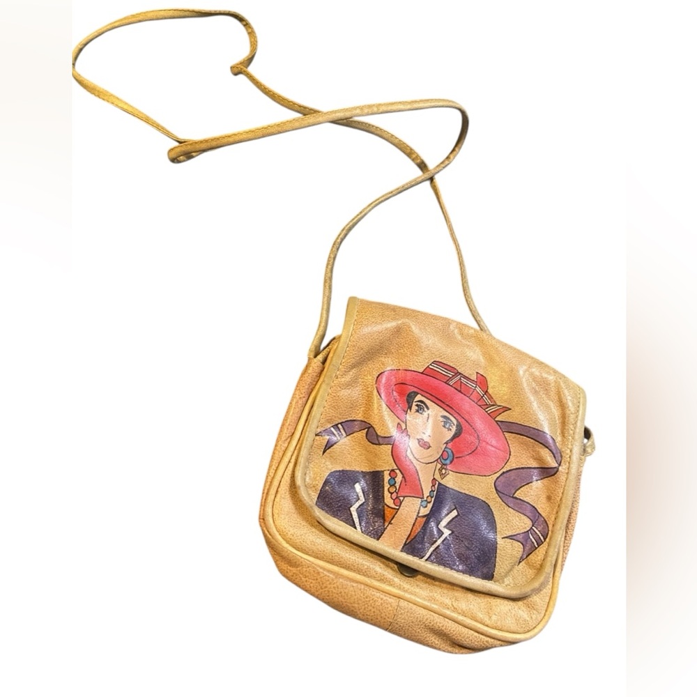 Artistic Tan Crossbody Bag with Fashion Illustration